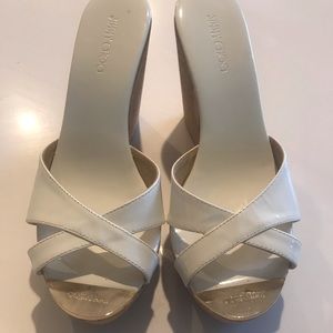 Authentic Jimmy Choo White Patent Leather Cork Wedges